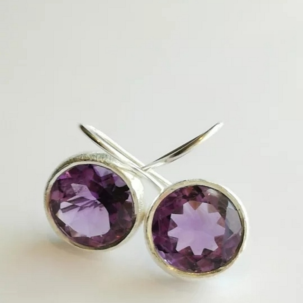 Brushed sterling silver round amethyst drop earrings 🆕 - Picture 6 of 9